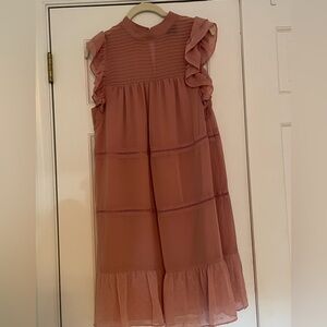 Who What Wear Dusty Rose Mock Neck Ruffle Sleeve Dress | Sheer Pleated Detail